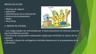 RIESGOS DE ACCESO
• Procesos de negocio
• Aplicación
• Administración de la información
• Entorno de procesamiento
• Redes
• Nivel físico
4. RIESGOS DE UTILIDAD
• Los riesgos pueden ser enfrentados por el direccionamiento de sistemas antes de
que los problemas ocurran.
• Técnicas de recuperación/restauración usadas para minimizar la ruptura de los
sistemas.
• Backups y planes de contingencia controlan desastres en el procesamiento de la
información.
 