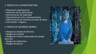 5. RIESGOS EN LA INFRAESTRUCTURA
• Planeación organizacional
• Definición de las aplicaciones
• Administración de seguridad
• Operaciones de red y computacionales
• Administración de sistemas de bases de datos
• Información / Negocio
6. RIESGOS DE SEGURIDAD GENERAL
• Riesgos de choque de eléctrico
• Riesgos de incendio
• Riesgos de niveles inadecuados de energía
eléctrica.
• Riesgos de radiaciones
• Riesgos mecánicos
 