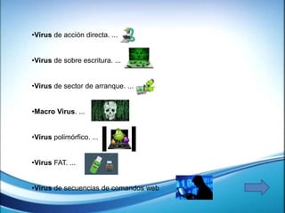 •Virus de acción directa. ...
•Virus de sobre escritura. ...
•Virus de sector de arranque. ...
•Macro Virus. ...
•Virus polimórfico. ...
•Virus FAT. ...
•Virus de secuencias de comandos web
 