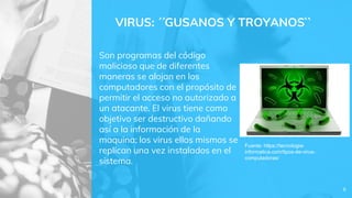 Son programas del código
malicioso que de diferentes
maneras se alojan en los
computadores con el propósito de
permitir el acceso no autorizado a
un atacante. El virus tiene como
objetivo ser destructivo dañando
así a la información de la
maquina; los virus ellos mismos se
replican una vez instalados en el
sistema.
VIRUS: ´´GUSANOS Y TROYANOS``
6
Fuente: https://tecnologia-
informatica.com/tipos-de-virus-
computadoras/
 