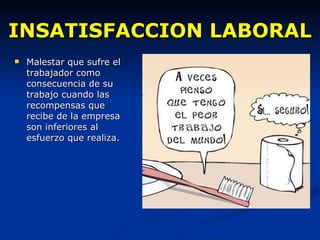 INSATISFACCION LABORAL Malestar que sufre el trabajador como consecuencia de su trabajo cuando las recompensas que recibe de la empresa son inferiores al esfuerzo que realiza. 