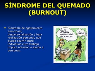 SÍNDROME DEL QUEMADO (BURNOUT) Síndrome de agotamiento emocional, despersonalización y baja realización personal, que puede ocurrir entre individuos cuyo trabajo implica atención o ayuda a personas. 