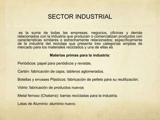 SECTOR INDUSTRIAL

 es la suma de todas las empresas, negocios, oficinas y demás
relacionados con la industria que producen o comercializan productos con
características similares o estrechamente relacionados; específicamente
de la industria del reciclaje que presenta tres categorías amplias de
mercado para los materiales reciclados y una de ellas es

                   Materias primas para la industria:

Periódicos: papel para periódicos y revistas.

Cartón: fabricación de cajas, tableros aglomerados.

Botellas y envases Plásticos: fabricación de pellets para su reutilización.

Vidrio: fabricación de productos nuevos

Metal ferroso (Chatarra): barras recicladas para la industria.

Latas de Aluminio: aluminio nuevo.
 