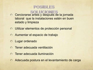 Cerciorarse antes y después de la jornada
laboral que la instalaciones estén en buen
estado y limpieza

Utilizar elementos de protección personal

Aumentar el espacio de trabajo

Lugar ordenado

Tener adecuada ventilación

Tener adecuada iluminación

Adecuada postura en el levantamiento de carga
 