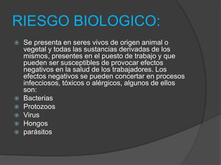 RIESGO BIOLOGICO: 
 Se presenta en seres vivos de origen animal o 
vegetal y todas las sustancias derivadas de los 
mismos, presentes en el puesto de trabajo y que 
pueden ser susceptibles de provocar efectos 
negativos en la salud de los trabajadores. Los 
efectos negativos se pueden concertar en procesos 
infecciosos, tóxicos o alérgicos, algunos de ellos 
son: 
 Bacterias 
 Protozoos 
 Virus 
 Hongos 
 parásitos 
 