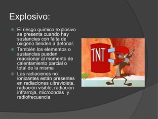 Explosivo: 
 El riesgo químico explosivo 
se presenta cuando hay 
sustancias con falta de 
oxigeno tienden a detonar. 
 También los elementos o 
sustancias pueden 
reaccionar al momento de 
calentamiento parcial o 
total de la misma 
 Las radiaciones no 
ionizantes están presentes 
en radiaciones ultravioleta, 
radiación visible, radiación 
infrarroja, microondas y 
radiofrecuencia 
 