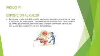RIESGO #1
EXPOSICION AL CALOR
 Esta puede producir deshidratación, agotamiento excesivo o un golpe de calor
o insolación. La exposición a calor puede ser de distintos tipos: calor radiante
de sólidos del ambiente, radiación solar, calor por convección a través del
aire y calor por conducción a través de los sólidos.
 