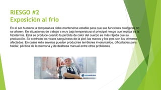 RIESGO #2
Exposición al frio
En el ser humano la temperatura debe mantenerse estable para que sus funciones biológicas no
se alteren. En situaciones de trabajo a muy baja temperatura el principal riesgo que implica es la
hipotermia. Esta se produce cuando la pérdida de calor del cuerpo es más rápida que su
producción. Se contraen los vasos sanguíneos de la piel; las manos y los pies son los primeros
afectados. En casos más severos pueden producirse temblores involuntarios, dificultades para
hablar, pérdida de la memoria y de destreza manual entre otros problemas
 