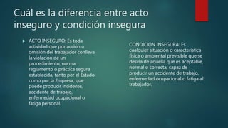 Cuál es la diferencia entre acto
inseguro y condición insegura
 ACTO INSEGURO: Es toda
actividad que por acción u
omisión del trabajador conlleva
la violación de un
procedimiento, norma,
reglamento o práctica segura
establecida, tanto por el Estado
como por la Empresa, que
puede producir incidente,
accidente de trabajo,
enfermedad ocupacional o
fatiga personal.
CONDICION INSEGURA: Es
cualquier situación o característica
física o ambiental previsible que se
desvía de aquella que es aceptable,
normal o correcta, capaz de
producir un accidente de trabajo,
enfermedad ocupacional o fatiga al
trabajador.
 