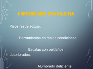 CONDICIÓN INSEGURA
Pisos resbaladizos. 
Herramientas en malas condiciones. 
Escalas con peldaños
deteriorados. 
Alumbrado deficiente. 
 
