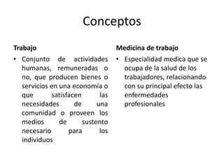Conceptos
• Conjunto de actividades
humanas, remuneradas o
no, que producen bienes o
servicios en una economía o
que satisfacen las
necesidades de una
comunidad o proveen los
medios de sustento
necesario para los
individuos
• Especialidad medica que se
ocupa de la salud de los
trabajadores, relacionando
con su principal efecto las
enfermedades
profesionales
Trabajo Medicina de trabajo
 
