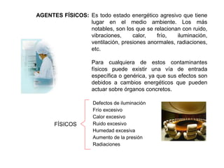 AGENTES FÍSICOS: Es todo estado energético agresivo que tiene
lugar en el medio ambiente. Los más
notables, son los que se relacionan con ruido,
vibraciones, calor, frío, iluminación,
ventilación, presiones anormales, radiaciones,
etc.
Para cualquiera de estos contaminantes
físicos puede existir una vía de entrada
específica o genérica, ya que sus efectos son
debidos a cambios energéticos que pueden
actuar sobre órganos concretos.
FÍSICOS
Defectos de iluminación
Frío excesivo
Calor excesivo
Ruido excesivo
Humedad excesiva
Aumento de la presión
Radiaciones
 