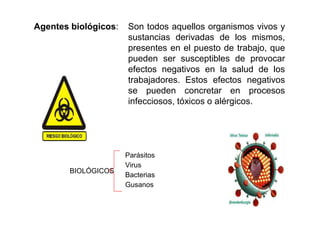 Agentes biológicos: Son todos aquellos organismos vivos y
sustancias derivadas de los mismos,
presentes en el puesto de trabajo, que
pueden ser susceptibles de provocar
efectos negativos en la salud de los
trabajadores. Estos efectos negativos
se pueden concretar en procesos
infecciosos, tóxicos o alérgicos.
BIOLÓGICOS
Parásitos
Virus
Bacterias
Gusanos
 