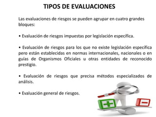 Las evaluaciones de riesgos se pueden agrupar en cuatro grandes
bloques:
• Evaluación de riesgos impuestas por legislación específica.
• Evaluación de riesgos para los que no existe legislación específica
pero están establecidas en normas internacionales, nacionales o en
guías de Organismos Oficiales u otras entidades de reconocido
prestigio.
• Evaluación de riesgos que precisa métodos especializados de
análisis.
• Evaluación general de riesgos.
TIPOS DE EVALUACIONES
 