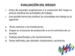 EVALUACIÓN DEL RIESGO
 Antes de proceder propiamente a la evaluación del riesgo es
preciso clasificar las actividades de trabajo.
 Una posible forma de clasificar las actividades de trabajo es la
siguiente:
a. Áreas externas a las instalaciones.
b. Etapas en el proceso de producción o en el suministro de un
servicio
c. Trabajos planificados y de mantenimiento.
d. Tareas definidas, por ejemplo: conductores, secretarias.
 