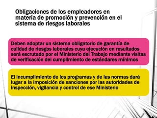 Obligaciones de los empleadores en
materia de promoción y prevención en el
sistema de riesgos laborales
Deben adoptar un sistema obligatorio de garantía de
calidad de riesgos laborales cuya ejecución en resultados
será escrutado por el Ministerio del Trabajo mediante visitas
de verificación del cumplimiento de estándares mínimos
El incumplimiento de los programas y de las normas dará
lugar a la imposición de sanciones por las autoridades de
inspección, vigilancia y control de ese Ministerio
 