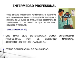 ENFERMEDAD PROFESIONAL
TODO ESTADO PATOLOGICO PERMANENTE O TEMPORAL
QUE SOBREVENGA COMO CONSECUENCIA OBLIGADA Y
DIRECTA DE LA CLASE DE TRABAJO QUE DESEMPEÑA EL
TRABAJADOR, O DEL MEDIO EN QUE SE HA VISTO
OBLIGADO A TRABAJAR.
(Dec. 1295/94 Art. 11)
 QUE HAYA SIDO DETERMINADA COMO ENFERMEDAD
PROFESIONAL POR EL GOBIERNO NACIONAL.
(DECRETO 1832 DE 1994 - TABLA E. P.)
 OTROS CON RELACION DE CAUSALIDAD
 