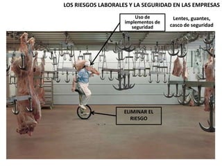 LOS RIESGOS LABORALES Y LA SEGURIDAD EN LAS EMPRESAS
ELIMINAR EL
RIESGO
Uso de
implementos de
seguridad
Lentes, guantes,
casco de seguridad
 