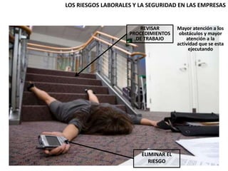 LOS RIESGOS LABORALES Y LA SEGURIDAD EN LAS EMPRESAS
ELIMINAR EL
RIESGO
REVISAR
PROCEDIMIENTOS
DE TRABAJO
Mayor atención a los
obstáculos y mayor
atención a la
actividad que se esta
ejecutando
 