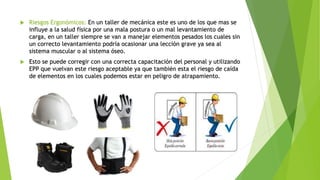  Riesgos Ergonómicos: En un taller de mecánica este es uno de los que mas se
influye a la salud física por una mala postura o un mal levantamiento de
carga, en un taller siempre se van a manejar elementos pesados los cuales sin
un correcto levantamiento podría ocasionar una lección grave ya sea al
sistema muscular o al sistema óseo.
 Esto se puede corregir con una correcta capacitación del personal y utilizando
EPP que vuelvan este riesgo aceptable ya que también esta el riesgo de caída
de elementos en los cuales podemos estar en peligro de atrapamiento.
 