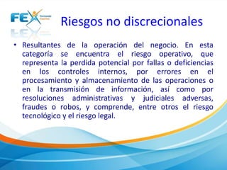 Riesgos no discrecionales 
• Resultantes de la operación del negocio. En esta 
categoría se encuentra el riesgo operativo, que 
representa la perdida potencial por fallas o deficiencias 
en los controles internos, por errores en el 
procesamiento y almacenamiento de las operaciones o 
en la transmisión de información, así como por 
resoluciones administrativas y judiciales adversas, 
fraudes o robos, y comprende, entre otros el riesgo 
tecnológico y el riesgo legal. 
 