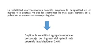 La volatilidad macroeconómica también empeora la desigualdad en el
ingreso y la pobreza, ya que los segmentos de más bajos ingresos de la
población se encuentran menos protegidos.
Duplicar la volatilidad agregada reduce el
porcentaje del ingreso del quintil más
pobre de la población en 2.4%..
 