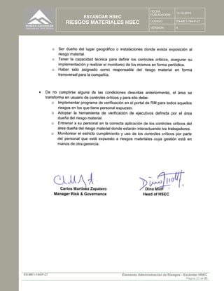 ESTANDAR HSEC
RIESGOS MATERIALES HSEC
FECHA
PUBLICACION :
14-10-2015
CODIGO : ES-ME1-194-P-27
VERSION: 4
ES-ME1-194-P-27 Elemento Administración de Riesgos - Estándar HSEC
Página 23 de 23
 