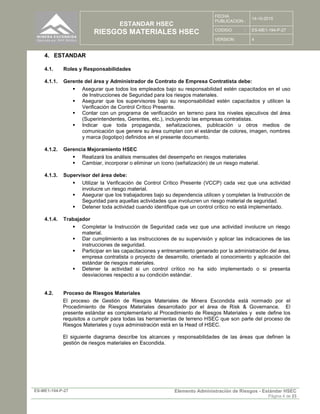 ESTANDAR HSEC
RIESGOS MATERIALES HSEC
FECHA
PUBLICACION :
14-10-2015
CODIGO : ES-ME1-194-P-27
VERSION: 4
ES-ME1-194-P-27 Elemento Administración de Riesgos - Estándar HSEC
Página 4 de 23
4. ESTANDAR
4.1. Roles y Responsabilidades
4.1.1. Gerente del área y Administrador de Contrato de Empresa Contratista debe:
 Asegurar que todos los empleados bajo su responsabilidad estén capacitados en el uso
de Instrucciones de Seguridad para los riesgos materiales.
 Asegurar que los supervisores bajo su responsabilidad estén capacitados y utilicen la
Verificación de Control Crítico Presente.
 Contar con un programa de verificación en terreno para los niveles ejecutivos del área
(Superintendentes, Gerentes, etc.), incluyendo las empresas contratistas.
 Indicar que toda propaganda, señalizaciones, publicación u otros medios de
comunicación que genere su área cumplan con el estándar de colores, imagen, nombres
y marca (logotipo) definidos en el presente documento.
4.1.2. Gerencia Mejoramiento HSEC
 Realizará los análisis mensuales del desempeño en riesgos materiales
 Cambiar, incorporar o eliminar un ícono (señalización) de un riesgo material.
4.1.3. Supervisor del área debe:
 Utilizar la Verificación de Control Crítico Presente (VCCP) cada vez que una actividad
involucre un riesgo material.
 Asegurar que los trabajadores bajo su dependencia utilicen y completen la Instrucción de
Seguridad para aquellas actividades que involucren un riesgo material de seguridad.
 Detener toda actividad cuando identifique que un control crítico no está implementado.
4.1.4. Trabajador
 Completar la Instrucción de Seguridad cada vez que una actividad involucre un riesgo
material.
 Dar cumplimiento a las instrucciones de su supervisión y aplicar las indicaciones de las
instrucciones de seguridad.
 Participar en las capacitaciones y entrenamiento generado por la administración del área,
empresa contratista o proyecto de desarrollo, orientado al conocimiento y aplicación del
estándar de riesgos materiales.
 Detener la actividad si un control crítico no ha sido implementado o si presenta
desviaciones respecto a su condición estándar.
4.2. Proceso de Riesgos Materiales
El proceso de Gestión de Riesgos Materiales de Minera Escondida está normado por el
Procedimiento de Riesgos Materiales desarrollado por el área de Risk & Governance. El
presente estándar es complementario al Procedimiento de Riesgos Materiales y este define los
requisitos a cumplir para todas las herramientas de terreno HSEC que son parte del proceso de
Riesgos Materiales y cuya administración está en la Head of HSEC.
El siguiente diagrama describe los alcances y responsabilidades de las áreas que definen la
gestión de riesgos materiales en Escondida.
 