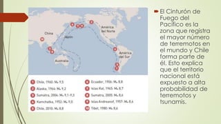 El Cinturón de
Fuego del
Pacífico es la
zona que registra
el mayor número
de terremotos en
el mundo y Chile
forma parte de
él. Esto explica
que el territorio
nacional está
expuesto a alta
probabilidad de
terremotos y
tsunamis.
 