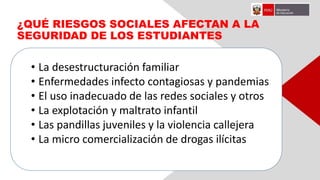 ¿QUÉ RIESGOS SOCIALES AFECTAN A LA
SEGURIDAD DE LOS ESTUDIANTES
• L
• La desestructuración familiar
• Enfermedades infecto contagiosas y pandemias
• El uso inadecuado de las redes sociales y otros
• La explotación y maltrato infantil
• Las pandillas juveniles y la violencia callejera
• La micro comercialización de drogas ilícitas
 