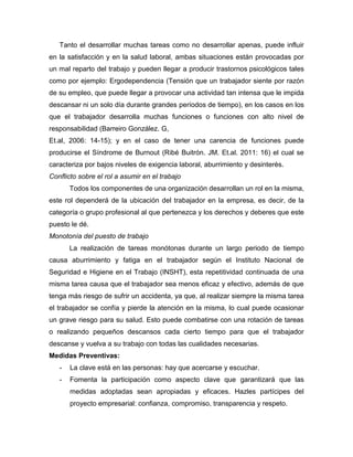 Tanto el desarrollar muchas tareas como no desarrollar apenas, puede influir
en la satisfacción y en la salud laboral, ambas situaciones están provocadas por
un mal reparto del trabajo y pueden llegar a producir trastornos psicológicos tales
como por ejemplo: Ergodependencia (Tensión que un trabajador siente por razón
de su empleo, que puede llegar a provocar una actividad tan intensa que le impida
descansar ni un solo día durante grandes períodos de tiempo), en los casos en los
que el trabajador desarrolla muchas funciones o funciones con alto nivel de
responsabilidad (Barreiro González. G,
Et.al, 2006: 14-15); y en el caso de tener una carencia de funciones puede
producirse el Síndrome de Burnout (Ribé Buitrón. JM. Et.al. 2011: 16) el cual se
caracteriza por bajos niveles de exigencia laboral, aburrimiento y desinterés.
Conflicto sobre el rol a asumir en el trabajo
Todos los componentes de una organización desarrollan un rol en la misma,
este rol dependerá de la ubicación del trabajador en la empresa, es decir, de la
categoría o grupo profesional al que pertenezca y los derechos y deberes que este
puesto le dé.
Monotonía del puesto de trabajo
La realización de tareas monótonas durante un largo periodo de tiempo
causa aburrimiento y fatiga en el trabajador según el Instituto Nacional de
Seguridad e Higiene en el Trabajo (INSHT), esta repetitividad continuada de una
misma tarea causa que el trabajador sea menos eficaz y efectivo, además de que
tenga más riesgo de sufrir un accidenta, ya que, al realizar siempre la misma tarea
el trabajador se confía y pierde la atención en la misma, lo cual puede ocasionar
un grave riesgo para su salud. Esto puede combatirse con una rotación de tareas
o realizando pequeños descansos cada cierto tiempo para que el trabajador
descanse y vuelva a su trabajo con todas las cualidades necesarias.
Medidas Preventivas:
- La clave está en las personas: hay que acercarse y escuchar.
- Fomenta la participación como aspecto clave que garantizará que las
medidas adoptadas sean apropiadas y eficaces. Hazles partícipes del
proyecto empresarial: confianza, compromiso, transparencia y respeto.
 