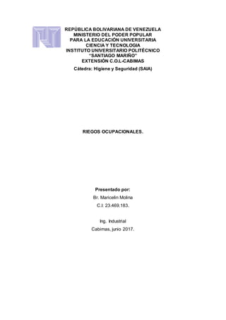REPÚBLICA BOLIVARIANA DE VENEZUELA
MINISTERIO DEL PODER POPULAR
PARA LA EDUCACIÓN UNIVERSITARIA
CIENCIA Y TECNOLOGIA
INSTITUTO UNIVERSITARIO POLITÉCNICO
“SANTIAGO MARIÑO”
EXTENSIÓN C.O.L-CABIMAS
Cátedra: Higiene y Seguridad (SAIA)
RIEGOS OCUPACIONALES.
Presentado por:
Br. Maricelin Molina
C.I: 23.469.183.
Ing. Industrial
Cabimas, junio 2017.
 