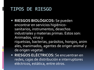 TIPOS DE RIESGORIESGOS BIOLÓGICOS: Se pueden encontrar en servicios higiénico-sanitarios, instrumentos, desechos industriales y materias primas. Estos son: Animados, virus y riquetsias, bacterias, parásitos, hongos, animales, inanimados, agentes de origen animal y de origen vegetal. RIESGOS ELÉCTRICOS: Se encuentran en redes, cajas de distribución e interruptores eléctricos, estática, entre otros.