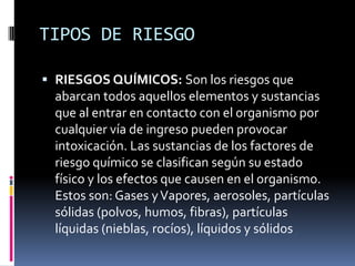 TIPOS DE RIESGORIESGOS QUÍMICOS: Son los riesgos que abarcan todos aquellos elementos y sustancias que al entrar en contacto con el organismo por cualquier vía de ingreso pueden provocar intoxicación. Las sustancias de los factores de riesgo químico se clasifican según su estado físico y los efectos que causen en el organismo. Estos son: Gases y Vapores, aerosoles, partículas sólidas (polvos, humos, fibras), partículas líquidas (nieblas, rocíos), líquidos y sólidos