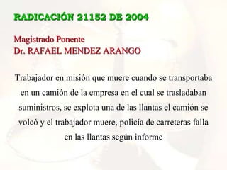 RADICACIÓN 21152 DE 2004

Magistrado Ponente
Dr. RAFAEL MENDEZ ARANGO


Trabajador en misión que muere cuando se transportaba
 en un camión de la empresa en el cual se trasladaban
 suministros, se explota una de las llantas el camión se
 volcó y el trabajador muere, policía de carreteras falla
              en las llantas según informe
 