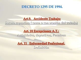 DECRETO 1295 DE 1994.


            Art.9. Accidente Trabajo:
Suceso repentino ( causa o con ocasión del trabajo)

            Art. 10 Excepciones A.T.:
        Actividades, deportivas, Permisos

        Art. 11 Enfermedad Profesional.
                  Definición
 
