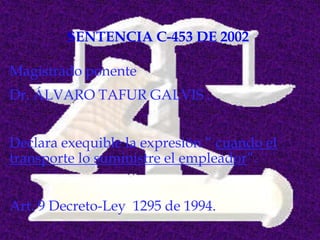 SENTENCIA C-453 DE 2002

Magistrado ponente
Dr. ÁLVARO TAFUR GALVIS .


Declara exequible la expresión “ cuando el
transporte lo suministre el empleador”.


Art. 9 Decreto-Ley 1295 de 1994.
 
