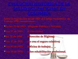 EVOLUCION HISTORICA DE LA
     SALUD OCUPACIONAL EN
           COLOMBIA
Sobre la legislación desde 1821 al Código Sustantivo de
Trabajo 1950 encontramos
•La ley 33 de 1913 (Higiene Pública y Privada).
•Ley 57 de 1915    (Uribe Uribe)
•ley 32 de 1918    (Dirección de Higiene)
•Ley 37 de 1921    (Se crea el seguro colectivo)
•Ley 83 de 1923    (Oficina de trabajo)
•Ley 10 de 1934    sobre rehabilitación profesional.
 