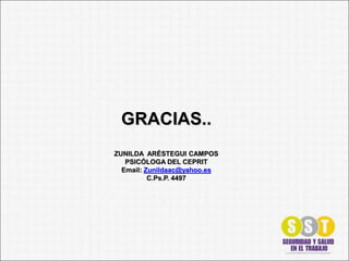 GRACIAS..
ZUNILDA ARÉSTEGUI CAMPOS
PSICÓLOGA DEL CEPRIT
Email: Zunildaac@yahoo.es
C.Ps.P. 4497
 