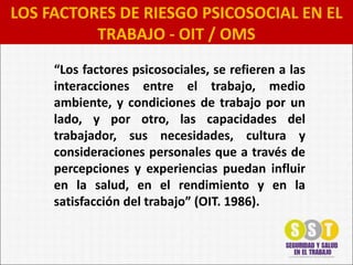 “Los factores psicosociales, se refieren a las
interacciones entre el trabajo, medio
ambiente, y condiciones de trabajo por un
lado, y por otro, las capacidades del
trabajador, sus necesidades, cultura y
consideraciones personales que a través de
percepciones y experiencias puedan influir
en la salud, en el rendimiento y en la
satisfacción del trabajo” (OIT. 1986).
LOS FACTORES DE RIESGO PSICOSOCIAL EN EL
TRABAJO - OIT / OMS
 