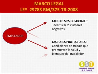 MARCO LEGAL
LEY 29783 RM/375-TR-2008
FACTORES PSICOSOCIALES:
Identificar los factores
negativos
FACTORES PROTECTORES:
Condiciones de trabajo que
promueven la salud y
bienestar del trabajador
EMPLEADOR
 