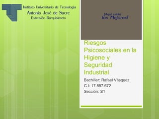 Riesgos
Psicosociales en la
Higiene y
Seguridad
Industrial
Bachiller: Rafael Vásquez
C.I: 17.557.672
Sección: S1
 