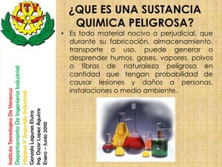 ¿QUE ES UNA SUSTANCIA
                                                                                                          QUIMICA PELIGROSA?
                                                                                                       • Es todo material nocivo o perjudicial, que
                                                                                                         durante su fabricación, almacenamiento,
                                                                                                         transporte o uso, puede generar o
                                                                                                         desprender humos, gases, vapores, polvos
                                                                                                         o fibras de naturaleza peligrosa en
                                    Departamento De Ingenieria Industrial




                                                                                                         cantidad que tengan probabilidad de
                                                                                                         causar lesiones y daños a personas,
                                                                                                         instalaciones o medio ambiente.
Instituto Tecnologico De Veracruz

                                    Higiene Y Segurida Industrial

                                                                            Ing. Oscar Lopez Aguirre
                                                                            Gonzalo Lagunes Elvira

                                                                            Enero – Junio 2010
 
