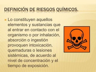 DEFINICIÓN DE RIESGOS QUÍMICOS.
 Lo constituyen aquellos
elementos y sustancias que
al entrar en contacto con el
organismo o por inhalación,
absorción o ingestión
provoquen intoxicación,
quemaduras o lesiones
sistémicas, de acuerdo al
nivel de concentración y el
tiempo de exposición.
 