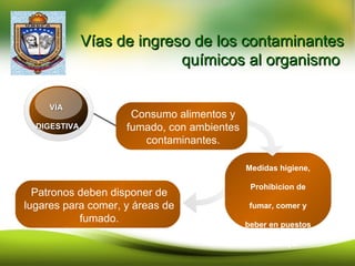 Vías de ingreso de los contaminantesVías de ingreso de los contaminantes
químicos al organismoquímicos al organismo
Medidas higiene,
Prohibicion de
fumar, comer y
beber en puestos
de trabajo.
Patronos deben disponer de
lugares para comer, y áreas de
fumado.
VÍAVÍA
DIGESTIVADIGESTIVA
Consumo alimentos y
fumado, con ambientes
contaminantes.
 