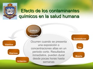 Efecto de los contaminantesEfecto de los contaminantes
químicos en la salud humanaquímicos en la salud humana
Ocurren cuando se presenta
una exposición o
concentraciones altas en un
periodo corto. Resultados
inmediatos, pueden durar
desde pocas horas hasta
semanas
DAÑOSDAÑOS
AGUDOSAGUDOS
Your Text
Muerte
Tos
Quemaduras
Irritación
Diarreas
Vómitos
 