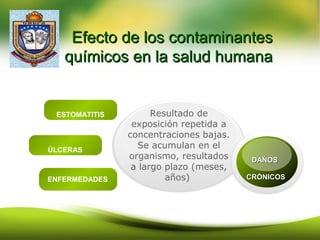 Efecto de los contaminantesEfecto de los contaminantes
químicos en la salud humanaquímicos en la salud humana
Resultado de
exposición repetida a
concentraciones bajas.
Se acumulan en el
organismo, resultados
a largo plazo (meses,
años)
DAÑOSDAÑOS
CRÓNICOSCRÓNICOSYour TextENFERMEDADES
RESPIRATORIAS
ÚLCERAS
ESTOMATITIS
 