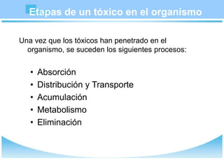 Etapas de un tóxico en el organismo
Una vez que los tóxicos han penetrado en el
organismo, se suceden los siguientes procesos:
• Absorción
• Distribución y Transporte
• Acumulación
• Metabolismo
• Eliminación
 