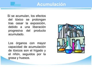 Acumulación
Si se acumulan, los efectos
del tóxico se prolongan
tras cesar la exposición,
debido a una liberación
progresiva del producto
acumulado.
Los órganos con mayor
capacidad de acumulación
de tóxicos son el hígado y
el riñón, seguidos por la
grasa y huesos.
 