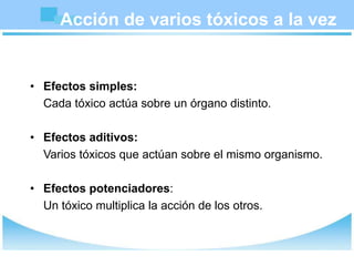 Acción de varios tóxicos a la vez
• Efectos simples:
Cada tóxico actúa sobre un órgano distinto.
• Efectos aditivos:
Varios tóxicos que actúan sobre el mismo organismo.
• Efectos potenciadores:
Un tóxico multiplica la acción de los otros.
 